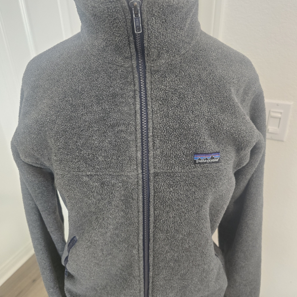 Vintage Patagonia Deep Pile Fleece Jacket Womens Large Full Zip Grey& Blue A2106